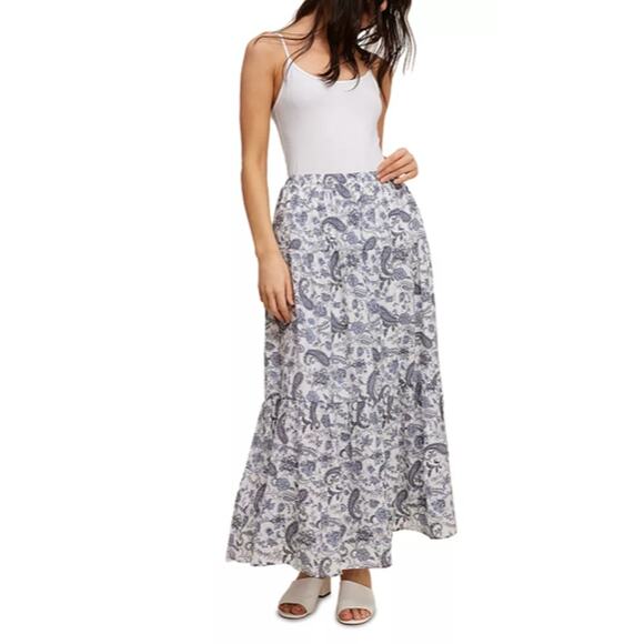 SINGLE THREAD WOMENS XLARGE TIERED FLORAL PRINTED GAUZE MAXI SKIRT BLUE WHITE - Picture 2 of 14